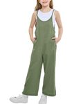 Rolanko Girls Jumpsuit Adjustable Spaghetti Strap Loose Overalls Rompers, Cotton Baggy Plain Playsuits with Pockets for Age 5-12 Years, Green, Size: 10-11 Years, 150