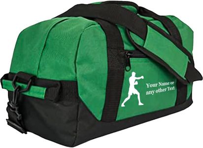 Personalized Passion 14” Small Sports Duffel Bags for Kids - Waterproof Travel Duffle with Name & Boxing Design - Dark Green Two-Toned Kids Weekender Bag for Boys and Girls