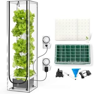 JESLED Hydroponics Growing System Kits, Dual Auto Timers with Full Spectrum Grow Lights, 15 Tiers Indoor Hydroponic Tower with Water Tank, Pump and Warmth & Humidity Cover for Herbs, Fruits and Veg