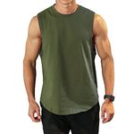 Men's Workout Bodybuilding Tank Tops Athletic Training Gym Shirts Vest Cotton Cut Off Sleeveless Muscle T-Shirt 03 Army Green L