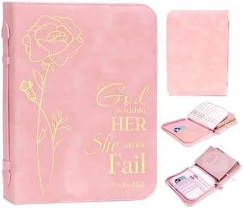 Bible Cover for Women, Bible Holder, Bible Cover Carrier Carrying Organizer Bag, God is Within Her She Will Not Fall, Zipper and Pockets for Standard Size Bible, Gift for Women(Pink-glod)