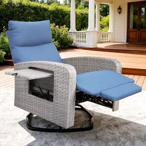 ZZW Outdoor Recliner Chair Set of 2, Wicker Patio Recliners with Adjustable Backrest and Extended Foot Rest, Reclining Patio Chairs with Flip Table & Removable Cushion Cover for Porch