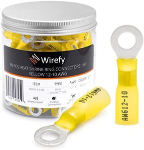 Wirefy 90 PCS Heat Shrink Ring Terminals 1/4" - Marine Grade Ring Connectors - Eyelet Wire Connectors - Yellow 10-12 AWG