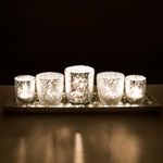 Toptime Tea Light Candle Holders, Silver Glass Candle Holders with Tray and Glass Pebbles, Set of 5 Mercury Votive Candle Holder, Speckled Table Decorations Centrepiece for Party, Wedding, Home Decor