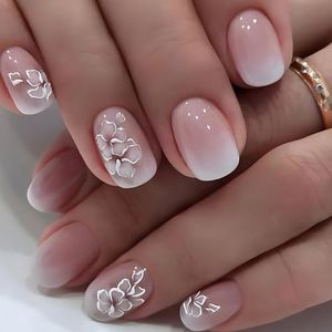 24 PCS Press on Nails Smudged Flower Fake Nails Pink and White Gradient Fake Nails Short Fake Nails Gifts for Women and Girls (No.102)