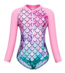 Berich Girls Swim Suit Swimming Suit Kids One Piece Swimwear with Long Sleeve Child Sunsuit Toddler UV Protection Rash Guard Bathing Suit Mermaid Swimsuit Swimming Costume 5-6 Years(Pink,120)