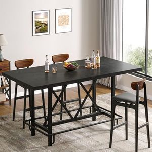 Tribesigns Bar Table, Industrial Counter Height Pub Table with Metal Footrest, 63-Inch Rectangle Wood Kitchen Dining Table with Sturdy Metal Frame for Dining Room, Home Bar (Black)
