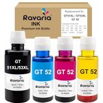 Ravaria Refill Ink for HP GT51XL/53XL GT 52 for HP Ink Tank 115, 310, 315, 319, 410, 415, 416, 419, 455, 500, 515, 530, 589, 615, 750, 790, 670, GT5810, GT5811, GT5820 (GT51XL + GT52CMY (4 Color Set))