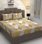 TIB Glace Cotton Elastic Fitted Double Super King Geometric Bedsheet With 2 Pillow Covers (72 X 78 X 12 Inches Fit Up To Mattress) King Size Bed Sheets, Beige Box, 300 TC