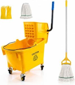 Chasesun 35 Quart Commercial Mop Bucket with Side Press Wringer on Wheels, Industrial Mop and Bucket Set with Loop-End Mop Head, Gloves and Microfiber Cloth, Heavy Duty Yellow Janitorial Cleaning Cart