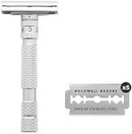 Long Handle Rockwell T2 Brushed Chrome Safety Razor for Men and Women with Infinite Shaving Settings, 5 Fully Recyclable Blades and Travel Leather Bag