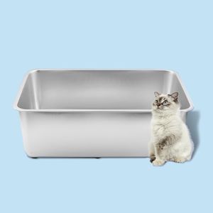 MEEXPAWS Stainless Steel Litter Box High Side L23.6 x W15.8 x H5.9 inch with Sticky Board for Cats | Non Stick | Odor Control | Pee Shields Splash Guard Enclosure| Easy Clean
