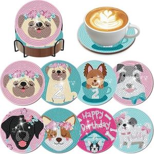 DOTZSO 8 Pcs Diamond Art Coasters Kit with Holder, Diamond Art Kits for Adults Beginners Small Diamond Painting Coasters, Arts and Crafts for Adults Supplies Item Sets (Dog)