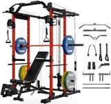 Mikolo K6 Power Cage, Power Rack with Cable Crossover System, Home Gym Packages with Weight Bench, Olympic Barbell, 230b Weight Set-Red