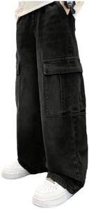 Verdusa Boys Jeans Baggy Vintage Straight Leg Denim Cargo Pants with Pockets 8-14 Years Black 13 Years