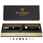 Scriveiner Personalised Black Fountain Pen - Stunning Luxury Pen, Jet Black Lacquer, 24K Gold Finish, German Schmidt Nib (Medium), Best Engraved Fountain Pen Gift Set for Men & Women, Name Engraving