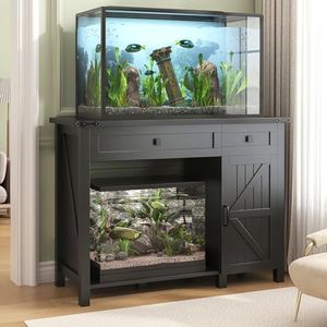 Saudism 40 Gallon Aquarium Stand With Charging Station, Farmhouse Fish Tank Stand, Reptile Tank Stand Terrarium Stand with Drawer and Cabinet Storage, Sturdy Heavy Duty 41.9"×18.3" Tabletop - Black