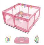 Kidoola Baby Playpen with Padded Frame & Mesh Walls, Balls & Pull Rings Included, for Indoor & Outdoor Use, Toddler Fence - Breathable Mesh, Extra Large Play Yard for Babies (127x127x65cm) (Pink)