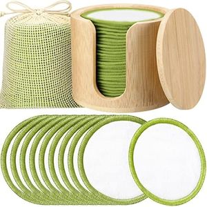 Foaincore 40 Pcs Cotton Rounds Pads Reusable with Washable Laundry Bag Waste Free Facial Round Soft Reusable Face Pad Large Bamboo Cotton Rounds for Toner with Bamboo Holder for Storage(White, Green)