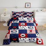 Ice Hockey Comforter Set Queen Size,Geometric Check Patchwork Stylish Bedding Set,Athlete Winter Sports Theme Down Comforter for Kids Teens Boys Bedroom Decor,Blue Red Duvet Insert,3pcs,2 Pillowcases