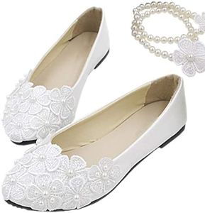 Cymtoo Bride Flats Shoes Lace Flowers Bridal Wedding Shoes Ankle Pearl Beads Wedding Shoes Princess Ballet Flats, White, 8