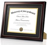 upsimples 11x14 Diploma Frame with High Definition Glass, Display 8.5x11 Certificate with Black over Gold Mat, Degree Document Frame for Wall and Tabletop, Mahogany with Gold Beads, 1 Pack