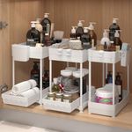 Sevenblue Under Sink Organizer 3 Pack, 2 Tier Bathroom Organizers with Sliding Drawer, Multi-Use Kitchen Organizers and Storage with Hook and Hanging Cup, White