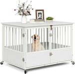 YITAHOME 43" Dog Crate Furniture with Wheels, Heavy Duty Wood Dog Cage Table with Double-Doors Chew-Resistant Wooden Dog Kennel Indoor for Large and Medium Dogs White