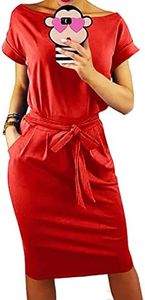 PRETTYGARDEN Women's Summer Short Sleeve Crewneck Striped Dress Basic Solid Tie Waist Office T Shirt Dresses Pockets(Red,X-Large)