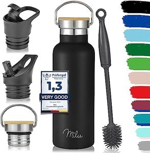 Milu Bouteille en acier inoxydable 350ml, 500ml, 750ml, 1l (+3 couvercles) - Bouteille thermo avec paille, bouteille d'eau, pour boissons chaudes, froides et gazeuses (Noir, 500ml)