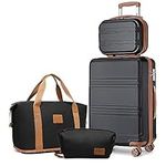 Kono Suitcase Lightweight ABS Hard Shell Carry-Ons Cabin Case with TSA Lock Luggage Sets of 4 Piece Included Weekender Bag & Toiletry Bag for Travel (Black/Brown)