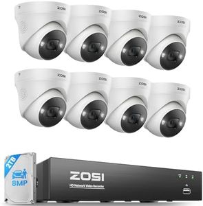 ZOSI 4K POE Security Camera System with Person Vehicle Detection,8 Ports 16CH 8MP NVR with 2TB HDD for Home 24/7 Recording,8pcs 5MP Outdoor Indoor IP Cameras,2 Way Audio,Color Night Vision,Wide Angle