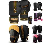 EVO Fitness Matte Black Boxing Gloves and Pads Set Punching Focus Mitts Hook and Jab Hand Target Strike Shield Training Sparring MMA Martial Arts Muay Thai Kickboxing Karate Men Women (10 OZ, Golden)