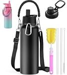 LyriFine 40 oz Insulated Water Bottle with Paracord Handles & Strap, Straw Lid & Spout Lid, Double Wall Vacuum Keep Cold & Hot, BPA Free Reusable, Wide Mouth Water Bottle for Sport Travel, Black