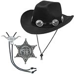 NC87 Adult Cowboy Costume Accessories Cowboy Black Felt Hat, String Tie and Star Badge | Wild West Sheriff Cowboy Set for Halloween Party Dress Up,Black/Silver