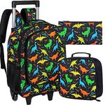 3PCS Rolling Backpack for Boys, Dinosaur Roller School Bag with Wheels for Kids, Wheeled Bookbag with Lunch Box for Children - Black