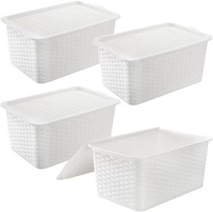 Dicunoy 3 Pack Lidded Storage Bins, Stackable Bathroom Storage Baskets with Lids, Small White Plastic Pantry Organizer with Handle for Kitchen, RV, Lockers, Classrooms, School, Toys, 11" x 7" x 5"