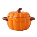 Dutch Oven Pot with Lid, 1.7 Quarts Cute Ceramic Pumpkin Bowl Mini Baking Dish, Dessert Saucepan with Double Handle, Covered Stockpot Pottery Casserole, Halloween Thanksgiving Decor (Orange)