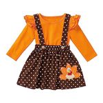 Thanksgiving Outfits Toddler Baby Girls Clothes Infant Long Sleeve Ruffle Top Suspender Skirt Turkey Pattern Polka Dot Overall Dress 18-24 Months