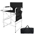 ABACAD Tall Director Chair Foldable Wide Body, Portable Makeup Artist Chair Bar Height, Outdoors Folding Chair with Side Table Storage Bag Foot Rest, Black