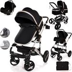 Baby Stroller Pram Pushchair Buggy Lightweight Folding Strollers 3 in1 Travel System Baby Trolley Baby Pram for Newborns Toddlers 0-36 Months from Birth… (Black - Silver Frame)