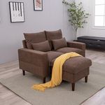 Panana 2 Seater Sofa with Footstool, Linen Fabric Love Seats Couch with 2 Free Cushions, Brown