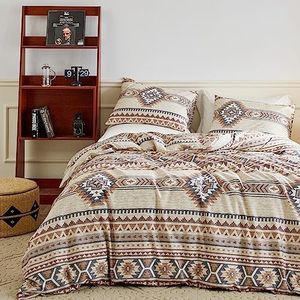 YuHeGuoJi Vintage Aztec Duvet Cover Queen 100% Cotton Brown Geometric Duvet Cover 3 Pcs Set 1 Boho Triangle Patterned Duvet Cover with Zipper Ties 2 Pillowcases Southwestern Bohemian Bedding Set