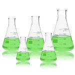 Utile 5 Size of Narrow Mouth Glass Erlenmeyer Conical Flasks, Vol. 50ml 150ml 250ml 500ml and 1000ml, Borosilicate 3.3 Glass with Printed Graduation, 4016.9913.1