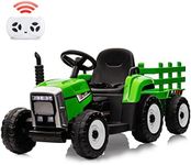 Nasitip 12V Battery Powered Electric Tractor with Trailer, Toddler Ride On Car w/Remote Control/7-LED Headlights/2+1 Gear Shift/MP3 Player/USB Port for Kids 3-6 Years (Green, 25W/Tread Tire)