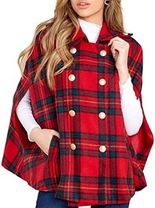 Womens Plaid Jacket Double Breasted Winter Cape Coats Turn Down Poncho with Pockets, Red, Medium
