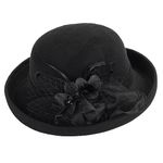 Women-Felt-Bowler-Fedora-Hat with Floral-Fascinator for Kentucky-Church-Derby-Wedding-Party, Black, M/L