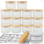 CONNOO 15 Pack 4 OZ Frosted Glass Candle Jars with Airtight Bamboo Lids for Making Candles, Bulk Small Wide Mouth Empty Candle Containers with Sticky Warning Labels - Dishwasher Safe