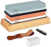 Sharpening Stones, Whetstone Knife Sharpening Stone Kit Includes 4 Side 400/1000 and 3000/8000, knife sharpener with Non-Slip Bamboo Base, Flattening Stone, Angle Guide, Leather Strop, for Chef Knife, Kitchen Knife, Hunting Knife