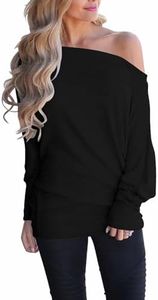 Lacozy Off The Shoulder Tops for Women Long Sleeve Casual Batwing Tunic Shirt Blouse Black L